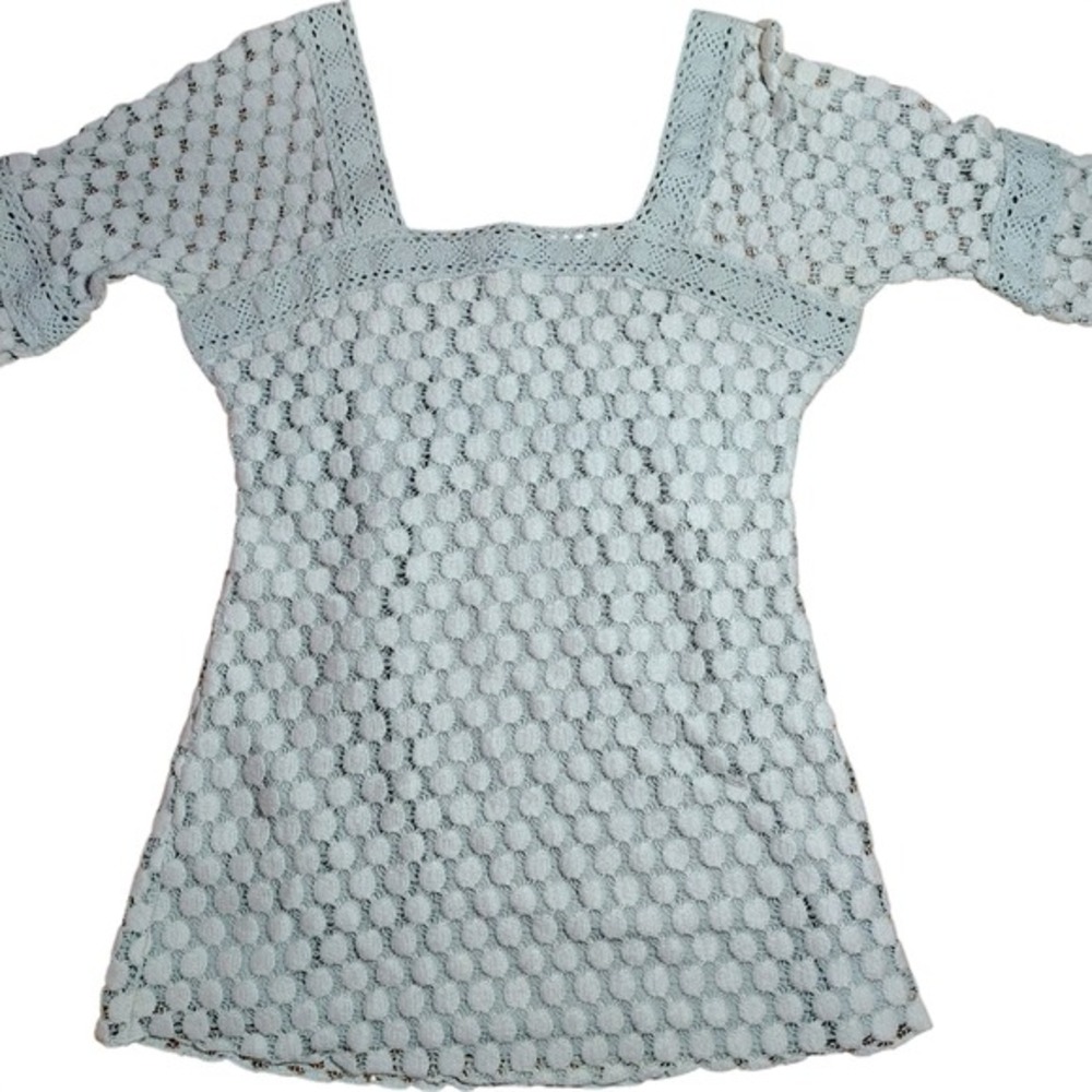 Solitaire Knit Crochet Polka Dot Square Neck 3/4 Sleeve Top Size S‎ festival